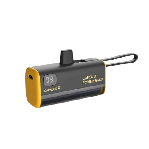 Externer Akku, 5000 mAh (Power Bank), Mini mit Typ-C-Kabel, integriert, kleines mobiles Ladegerät für iPhone und Samsung und andere Handys, LED-Display, ideal für Reisen, Schwarz