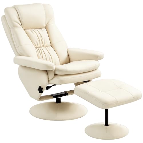 HOMCOM Swivel Recliner with Ottoman, PU Leather Reclining Chair with Ottoman, Upholstered Recliner and Footrest with Wrapped Base for Living Room, Bedroom and Home Office, Cream White