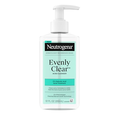 Neutrogena Evenly Clear Acne Cleanser with 2% Salicylic Acid & 2% PHA Exfoliant, Gentle Foaming Face Wash Clears Clogged Pores & Blackheads While Visibly Fading Look of Post-Acne Marks, 9.1 fl. oz