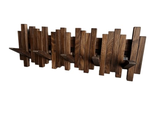 Image of Natural Wood Wall Mounted Piano Coat Rack| Coat Rack Wall Mount| Flip Down Wall Hook Rack 5 Hooks| Entryway Wall Storage with Hooks,Made of Black Walnut.Wall Art