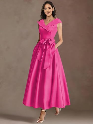 Satin V Neck Mother of The Bride Dresses for Women Long A Line Bow Formal Evening Dresses with Pockets3