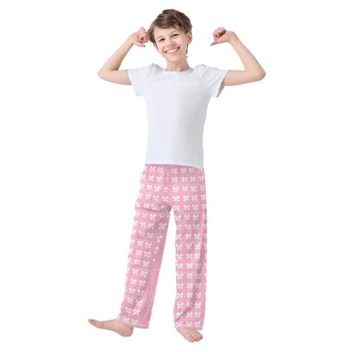 Pajama Pants Sleep Pants Soft Elastic Waist Pajama Lounge Pants White Bows Pink Background for 6-14 Years Old3
