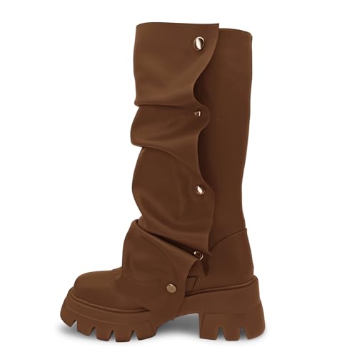 Women's Combat Mid-Calf Chunky Boots Detachable Pull-On Wide Calf Panel Shark Platform Boots Round toe Party Dress Boot4