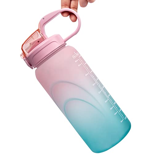 DEARRAY 2 liter / 2l grote Sport Waterfles met Rietje 2000 ml BPA vrij Motiverende Drinkfles met Tijd Marker voor Gym, Kamperen, Fitness, Yoga (Roze/Groen) - Image 7