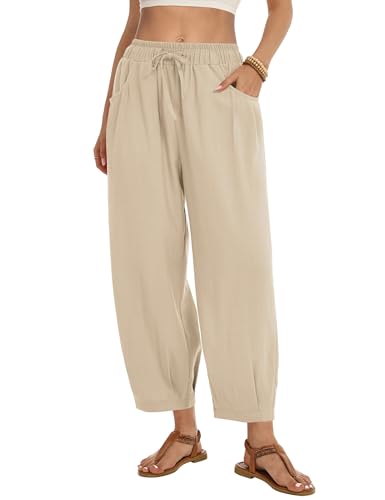 ZJCT Womens Linen Wide Leg Pants Summer Casual Palazzo Pants Drawstring Ankle Length Beach Harem Trousers with Pockets Apricot L