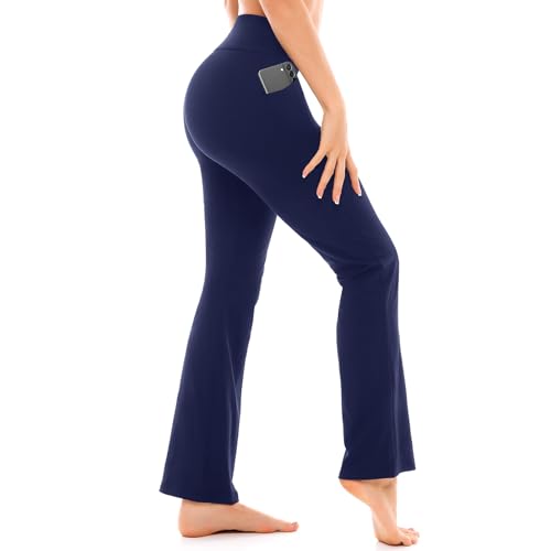 Walifrey Flare Leggings with Pocket for Women,High Waisted Opaque Flare Pants for Yoga Workout 32 Navy Blue M