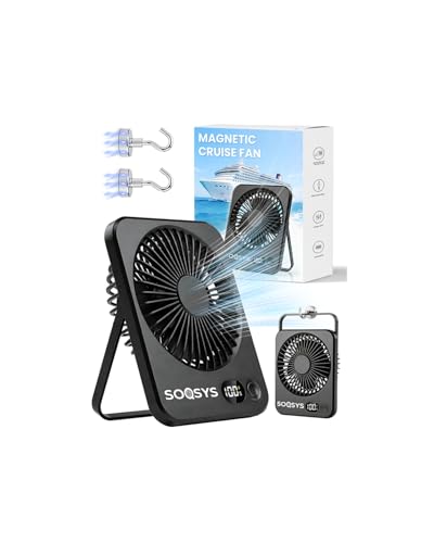 SOQSYS Cruise Approved Fan with 4000mAh Battery, Portable Fan for Cruise Magnetic Hook Included to Hang on Cabin Walls, 5-Speed Tavel Fan for Hotel Bedside Sleeping Cruise Ship Essentials