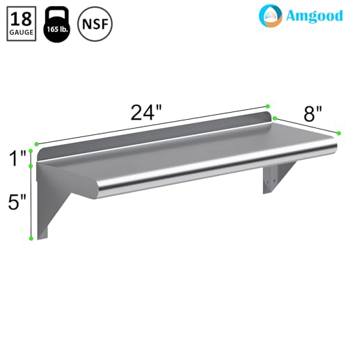 Image of AmGood 8 in. x 24 in. Stainless Steel Wall Shelf | NSF | Metal Shelving | Garage, Laundry, Storage, Utility Room | Restaurant, Commercial Kitchen