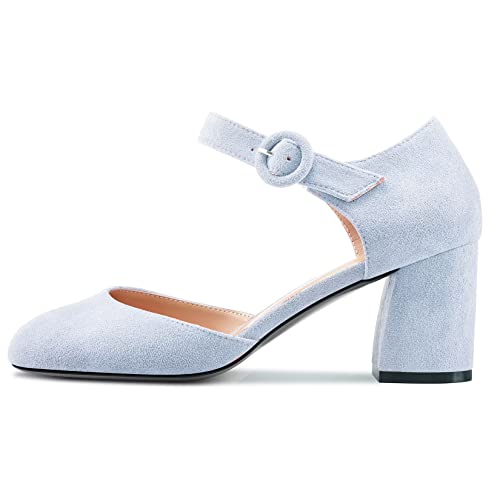 NobleOnly Women Chunky Block Mid Heel Two-Piece Buckle Round Toe Pumps Clear Cute Wedding Office Shoes 2.6 Inches Heels2