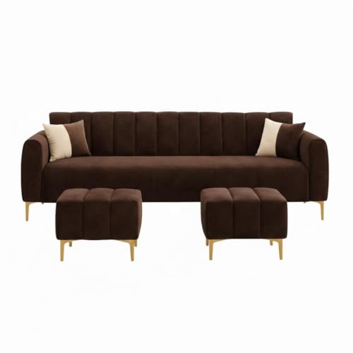 Image of Habibi 5 Seater L Shape Sofa Set with 2 Movable Ottomans | Flexible Layout | Rich Velvet Suede Fabric | Silver Legs | Modern Sofa for Living Room (Cream) (Dark Brown, Habibi)