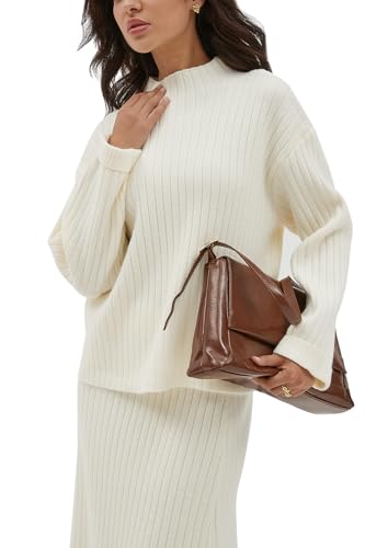 CHYRII Womens Fashion Two Piece Outfits Mock Neck Oversized Sweater Tops Skirt Sets Sweater Dress Lounge Set 6