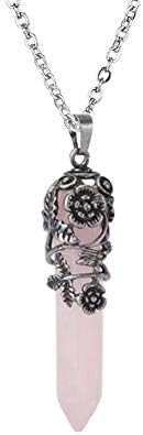 Natural Gemstone Point Hexagonal Pendant Flower Pendulum Necklace Healing Crystal Chakra Jewelry