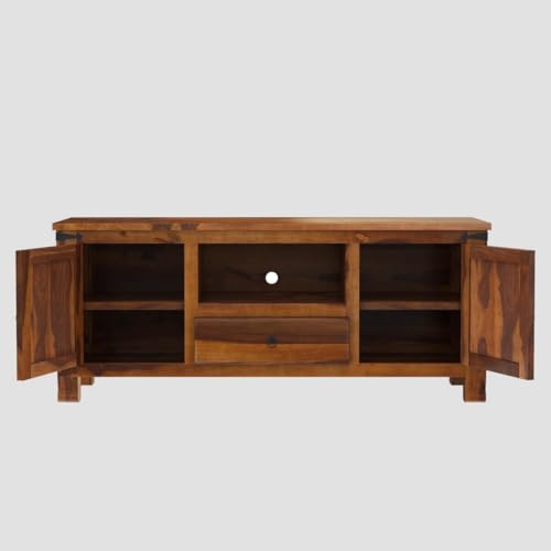 Image of Sheesham Rosewood, 1 Drawer Solid Wood TV Entertainment Unit | Wooen TV Cabinet Living Room & Office Honey Finish
