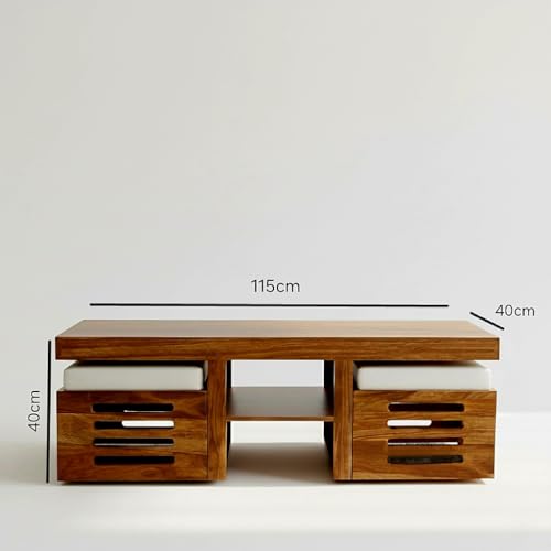 Image of Solid Sheesham Wood Coffee Table for Living Room |Wooden Rectangle Coffee /Tea Table with 2 Cushioned Stools Center table with Storage Teapoye for Home, Living Room, Balcony, Natural Honey