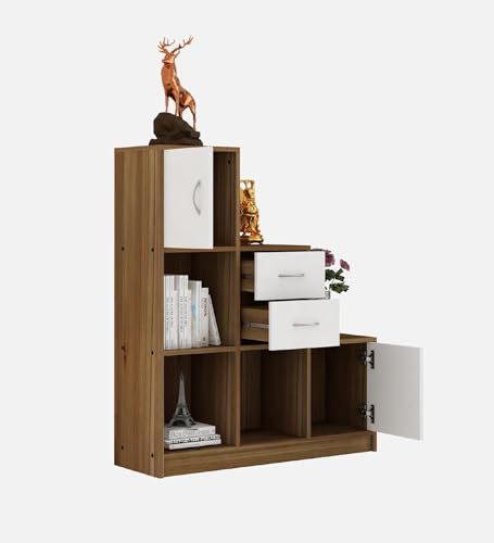 Image of Elegant Multipurpose Storage Unit | Engineered Wood Free Standing Cabinet | Open & Closed Display Shelf Organizer | Lyon Teak & White | DIY Assembly