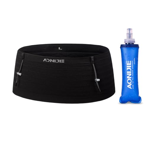 AONIJIE Running Belt with 250ml Soft Flask for Women and Men Lightweight & Non-slip Black Fanny Pack Fits All Size Phones Passport and More (Black with 250ml Soft Flask, M) by AONIJIE - Used condition - US$19.20