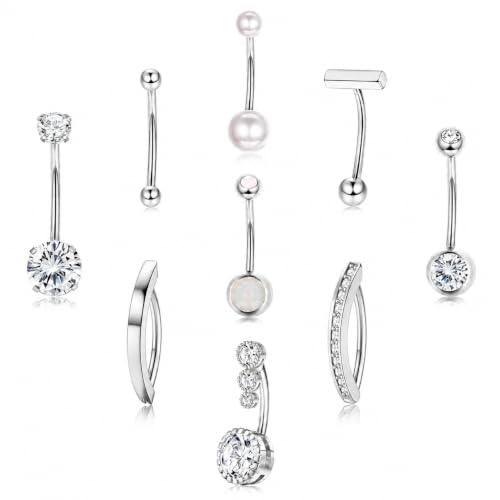 Image of FIASASO 9 Pcs Belly Button Ring - Surgical Stainless Steel CZ Belly Rings Clicker Belly Piercings for Women Navel Piercing Jewelry Pack