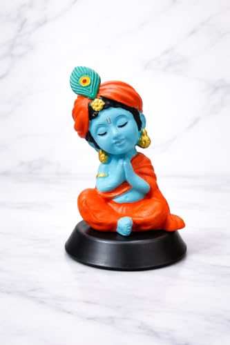 Image of Blue Tone Krishan Ji Sitting (Eye Closed) Dashboard Idol for Car | Premium Resin Hindu God Murti | Double-Sided Tape Base Home Temple & Car Decor | Gift for Festivals