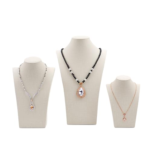 White Leather Jewelry Bust Necklace Display Stand Trade Show Jewelry Holder With Linen Texture Necklace Holder Stand Jewelry Display Mannequin H11.8'' (White)