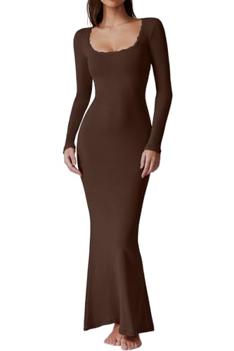 QINSEN Women's Ribbed Knit Long Sleeve Scoop Neck Maxi Dress with Lace Details Bodycon Dress