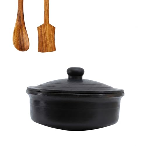 Image of Black Clay Pot for Cooking with Lid | Mitti ka Bartan for Healthy Cooking | Clay Handi | Earthen Kadai | Traditional Handmade Terracotta Cookware for Serving | Natural and Organic 1.5 L
