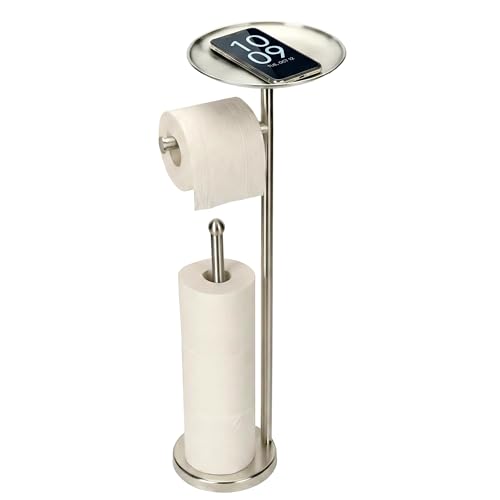 Kalitro Toilet Paper Holder Freestanding with Big Shelf, 4 Rolls Reserve Paper Holder Stand, Modern Paper Roll Holder with Storage Space for Phones (Brushed Nickel)