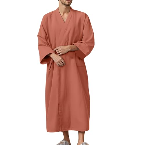Men's Seersucker Bathrobe With Pockets Cotton Bathrobe Lightweight Classic Nightgown Loose Comfortable Loungewear Pjs
