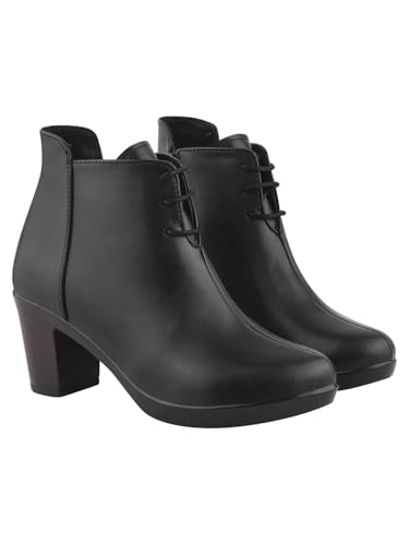Image of Shoetopia Women's Black Leather Ankle Booties with Block Heel and Lace-Up Closure - Stylish Mid-Heel Dress Boots for Office & Casual