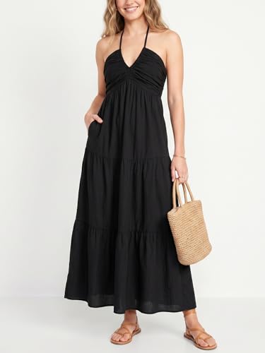 Image of Women's Casual Halter Tiered Vacation Maxi Dress with Pockets