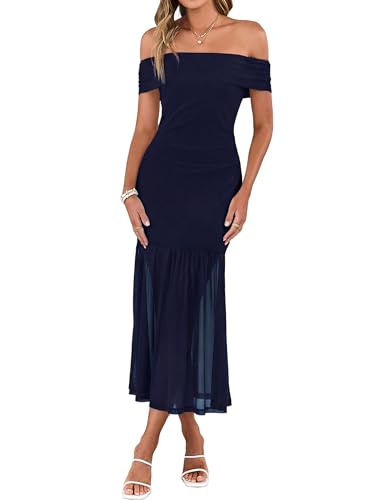 Simplee Womens Summer Off Shoulder Maxi Dress 2026 Ruched Bodycon Flowy Tulle Formal Cocktail Wedding Guest Long Dresses Navy Blue