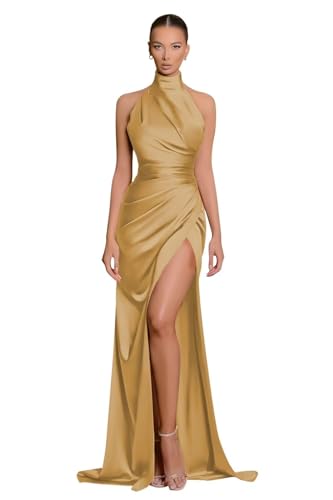 Meerjungfrau Neckholder Brautjungfernkleider FüR Frauen Lange Satin Abschlussballkleider Mit Geschlitzter Abendparty RüCkenfreies Maxikleid Gold M
