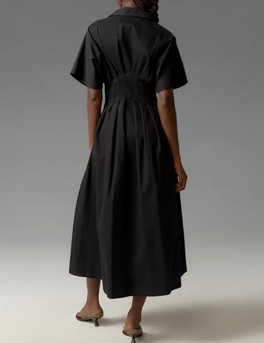 Striped Button Pleated Shirt Maxi Dress for Women Summer Short Sleeve Collar V Neck Corset Long Dress3