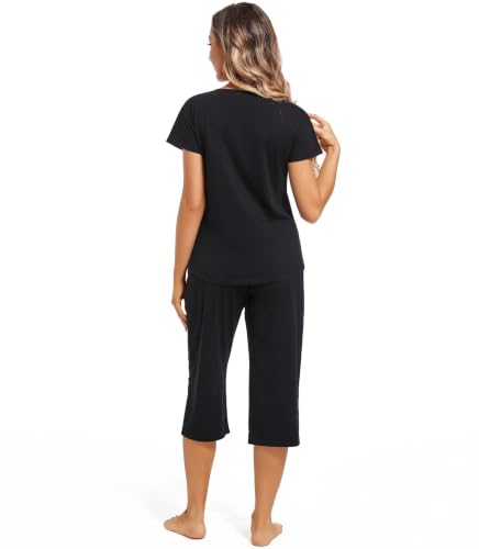 Image of ENJOYNIGHT Womens Pajama Sets Cotton Pj Set Short Sleeve Top With Capri Pants Sleepwear 2 Piece Lounge Set