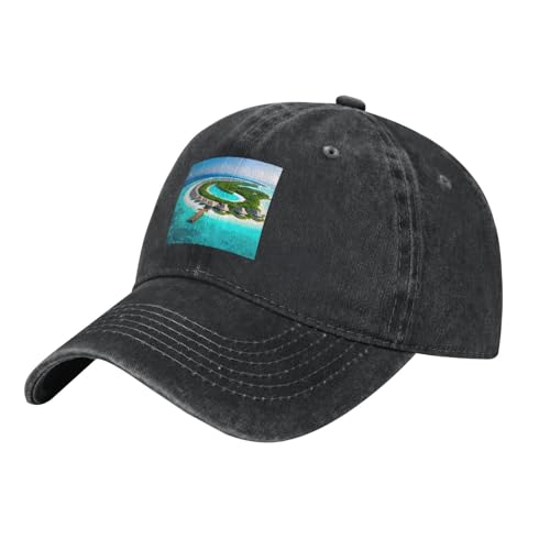 YYHWHJDE Casquette de baseball réglable en denim délavé noir avec image de paysage des Maldives pour homme et femme, Noir/blanc, taille unique