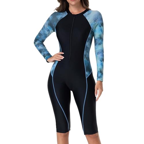 BEACHKINI Women's Long Sleeve Tie Dye One Piece Swimsuit,Zip Front UV Protection Surfing Bathing Suit,Ink Painting,L