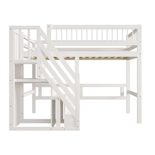 Etagenbett 90x200, Kinderbett Hochbett mit Treppe und Aufbewahrungsschrank, Funktionsbett Einzelbett Stockbett Spielbett Kinderhochbett Jugendhochbett mit Lattenrost, Massivholz, Ohne Matratze, Weiß