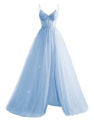 Amazon.com: Sky Blue Prom Dress for Women Tulle Prom Dresses Beaded V Neck  A Line Prom Gown Size 14 : Clothing, Shoes & Jewelry