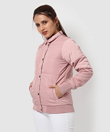 Image of PINACOLADA Women's Pink Puffer Regular Fit Bomber Jacket For Winter Wear | Standing Collar | Full Sleeve | Buttoned | Casual Jacket For Woman & Girl | Western Stylish Jacket For Women