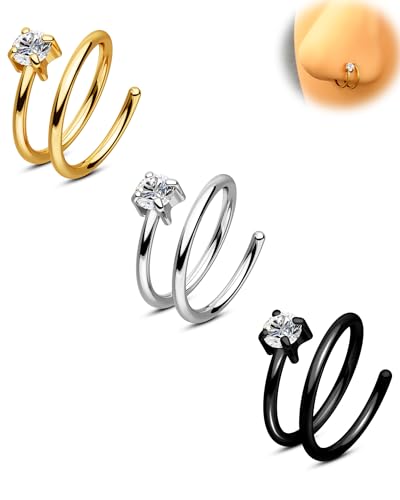 CM Crareesi Mania 3PCS Double Nose Ring Hoop for Single Piercing Pack, 316L Stainless Steel Spiral Twist Nose Hoop, 18G Nose Piercing Hoop for Women Clear CZ Twist Nose Ring