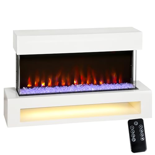 HOMCOM Elektrokamin mit Heizung, Elektrischer Wandamin mit 11 Farbige Flammeneffekt, 10 Kristallfarben, 2000W Standkamin Dekokamin mit Regal, Fernbedienung, Timer, Thermostat, LED Anzeige