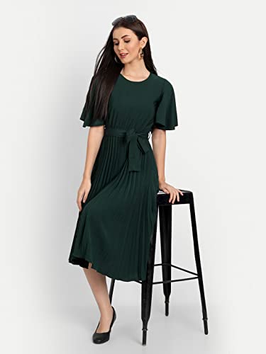 Image of KUDUZO Women's Crepe Long Pleated Below Knee Length Flutter Sleeve Round Neck S to XL Maxi Dress for Girls. (EG-U0IM-B9A1)