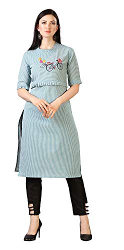 Image of EthnicJunction Women's Pinstripe Cotton Blend Cycle Embroidery with Ruffle Lace Work Straight Kurti