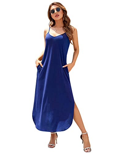 Image of HUSKARY Women's Summer Casual Sleeveless V Neck Strappy Split Loose Dress Beach Cover Up Long Cami Maxi Dresses with Pocket