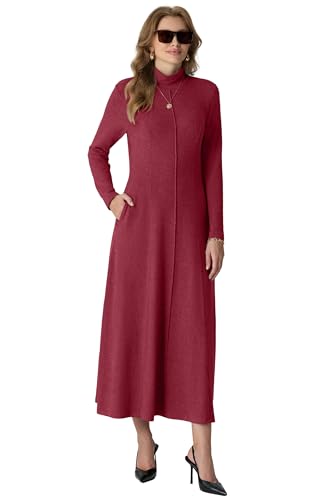 GRECERELLE Women's 2025 Fall Winter Casual Mock Neck Long Sleeve Flared Maxi Sweater Dress with Pockets (XS - 3XL)
