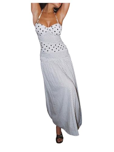 MakeMeChic Women's Polka Dots Halter Dress Tie Backless Summer Maxi Dresses
