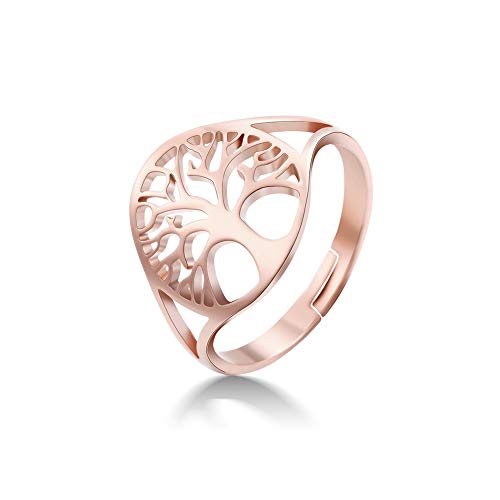 Dreamtimes árbol de la vida Anillo hueco de acero inoxidable pulido con apertura ajustable y diseño redondo de moda anillo de boda vikingo de la buena suerte para mujeres y hombres (oro rosado)