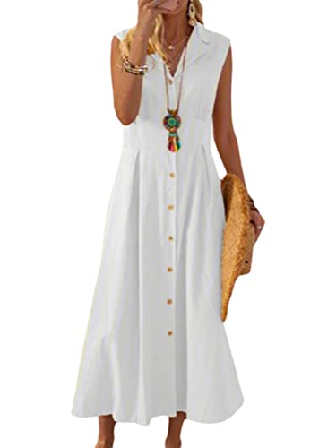ORANDESIGNE Sommerkleid Damen Leinenkleider Sommer Casual V-Ausschnitt Ärmellose Freizeitkleid Strandkleider Boho Langes Kleid mit Knöpfen C Weiß...