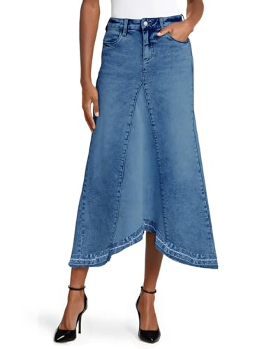 Fisoew Womens Denim Maxi Skirt Casual High Waist A-Line Frayed Irregular Hem Long Jean Skirt