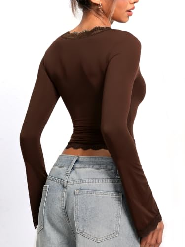 Image of OZICERD Women Bell Long Sleeve Shirts Cute Going Out Top Lace Trim Square Neck Double Lined Fitted Basic Tops Y2k Tight Slim