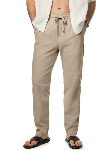Men's Casual 100% Cotton Straight Leg Pants Linen Elastic Waist Drawstring Summer Classic Fit Beach Lightweight Dress Trousers with Pockets, L, Khaki
